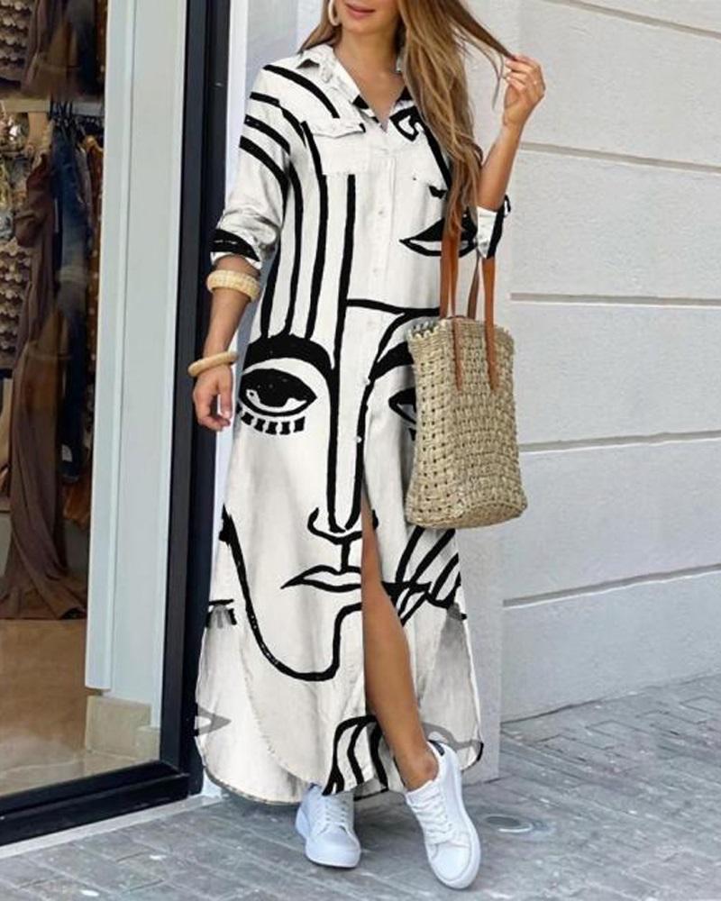 

Abstract Figure Print Curved Hem Shirt Dress, White