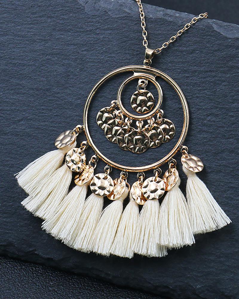 

1Pair Disc Tassel Design Round Shaped Drop Earrings, White