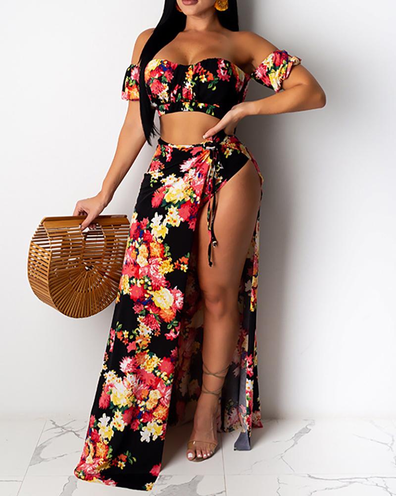 

Floral Print Short Sleeve Off Shoulder Blouse With Slit Long Skirts Suit Sets, Black