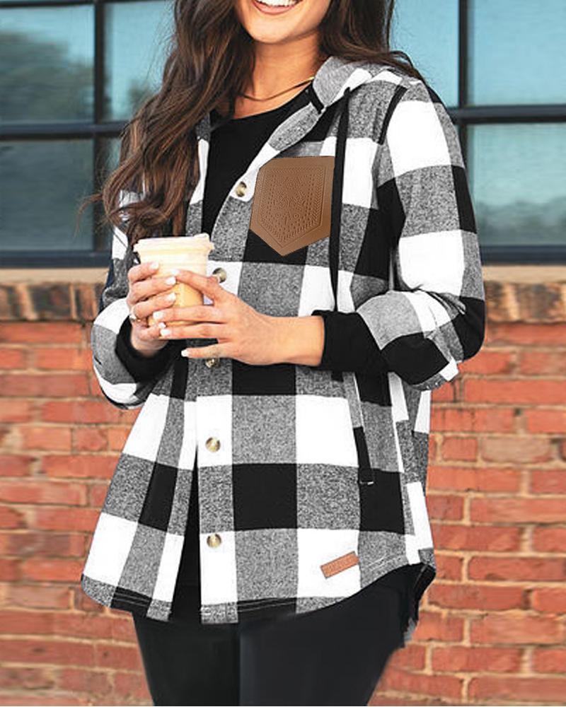 

Plaid Print Long Sleeve Hooded Shacket, Black