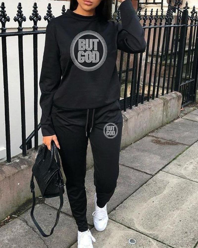 

Plus Size Long Sleeve Rhinestone Letter Pattern Sweatshirt & Pants Set, Black