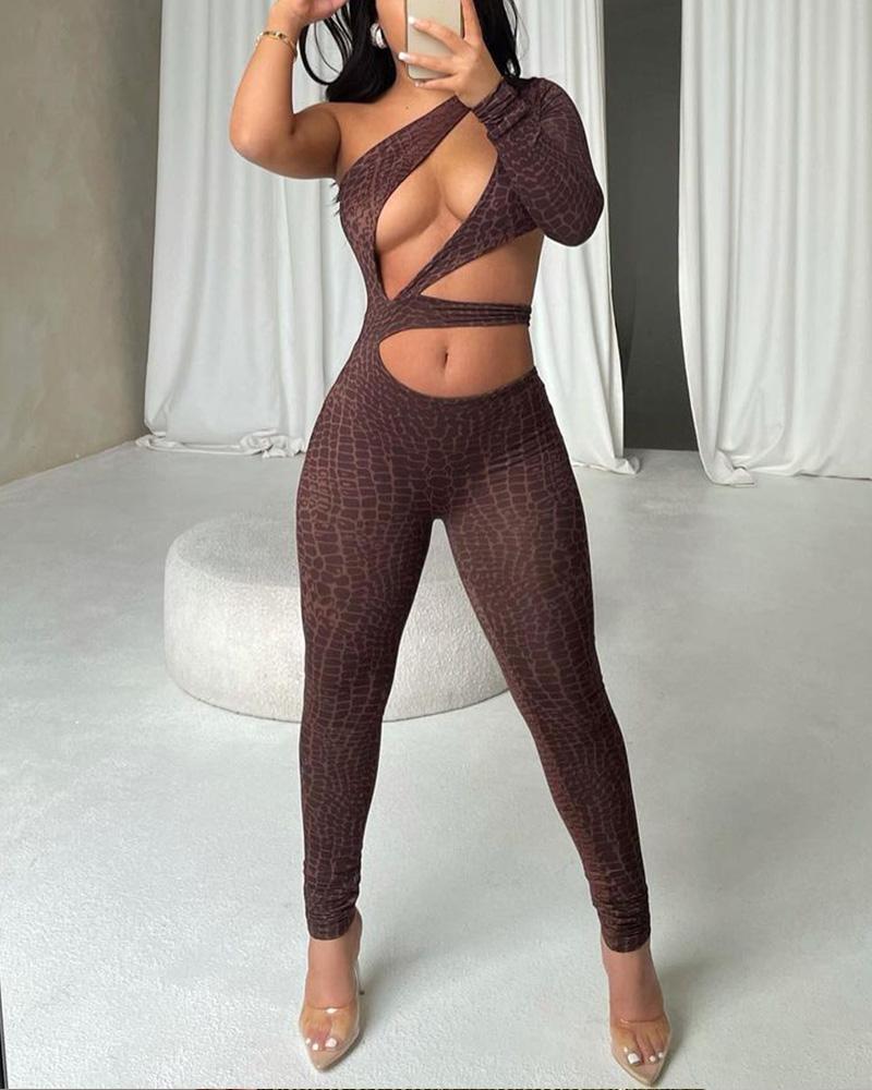 

Abstract Print One Shoulder Cutout Chocolate Jumpsuit