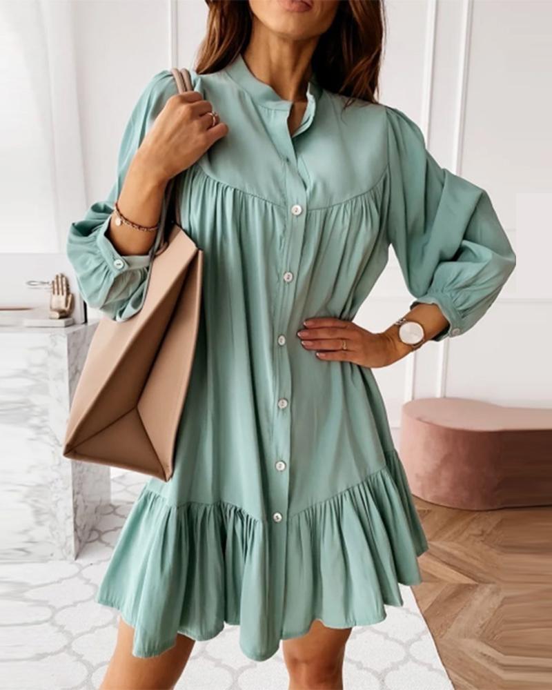 

Ruched Buttoned Long Sleeve Shirt Dress, Light green