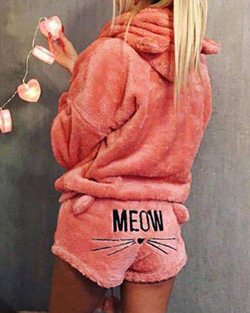 

Embroidery Letter Cat Fluffy Hooded Pajamas Set, Pink