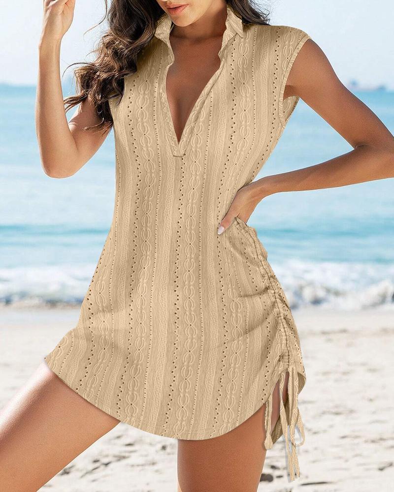 

V-Neck Turn-down Neck Sleeveless Drawstring Hollow-out Mini Dress Vacation Cover Up, Light khaki