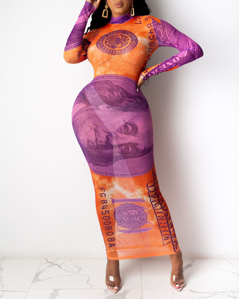 

Dollar Print Colorblock Sheer Mesh Maxi Dress, Orange