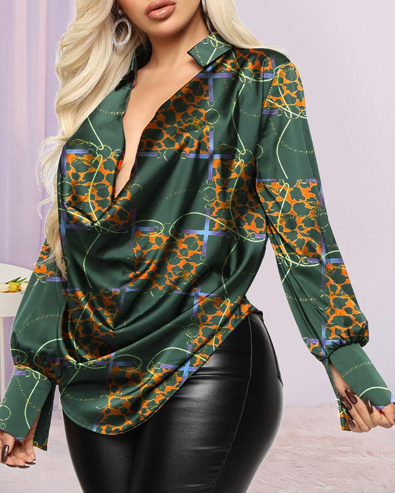 

Chain Scarf Print Cowl Neck Top, Green