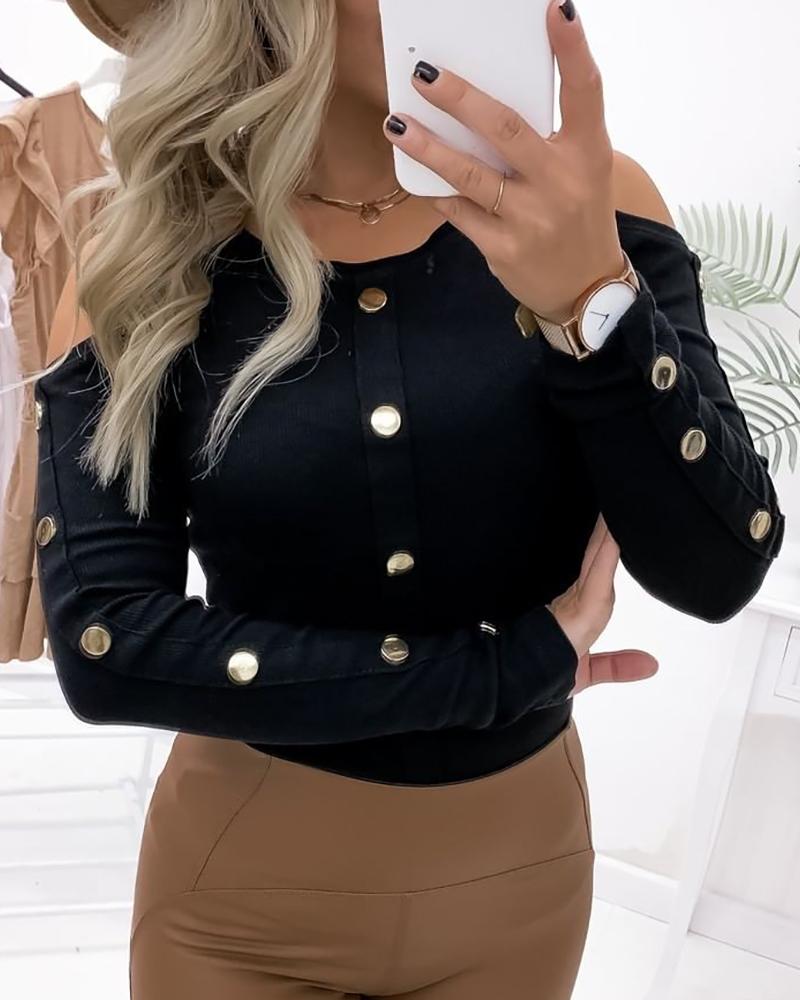 

Cold Shoulder Buttoned Long Sleeve Top, Black
