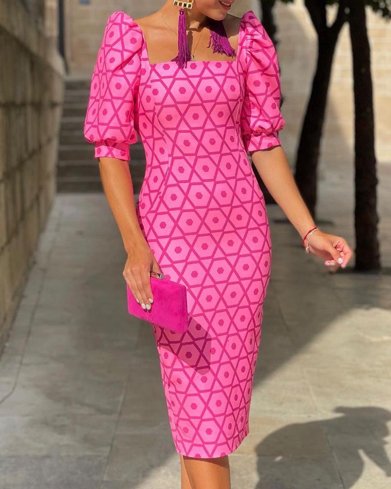 

Puff Lantern Sleeve Geometric Print Dress, Hot pink