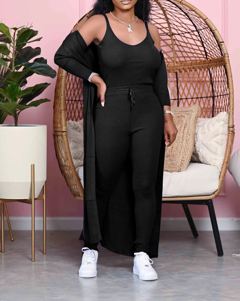 

Ribbed Tank Top & Pants With Longline Cardigan Set, Black