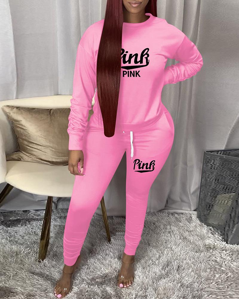 

Letter Print Long Sleeve Top & Drawstring Pants Set, Pink