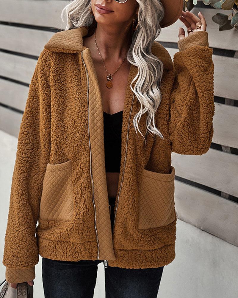 

Long Sleeve Pocket Detail Zip Up Teddy Coat, Coffee