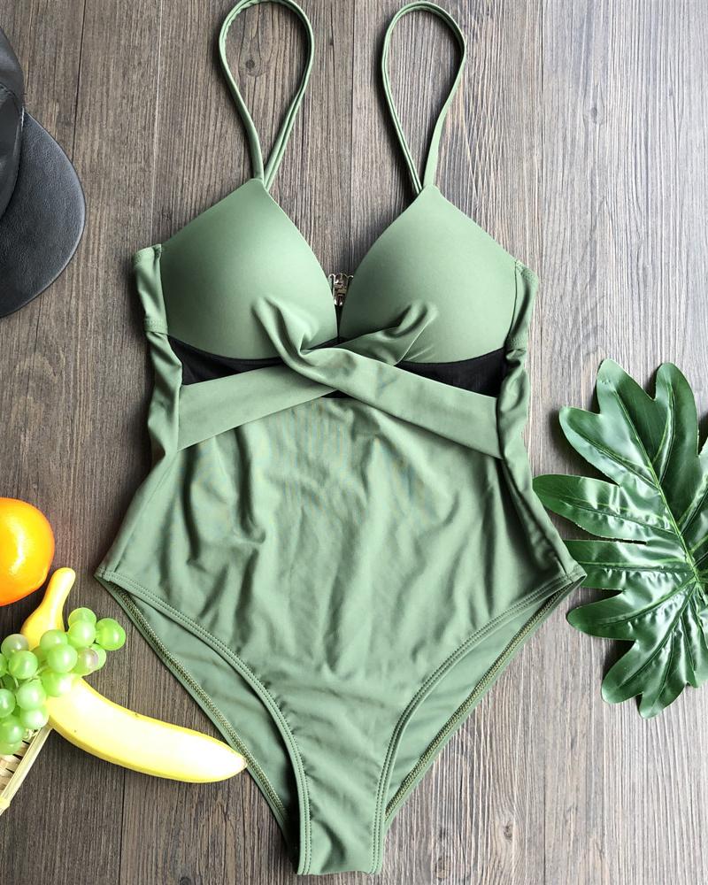 

Plunge Sheer Mesh Crisscross One Piece Swimsuit, Green