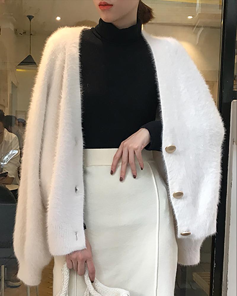 

Fluffy Long Sleeve Button Design Cardigan, White