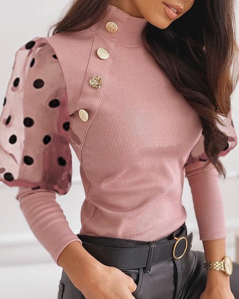 

Polka Dot Sheer Mesh Puff Sleeve Buttoned Top, Pink