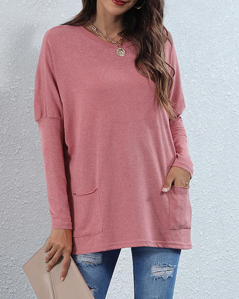 

Plain Pocket Design Long Sleeve Top, Hot pink