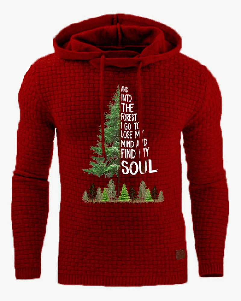 

Men Letter Tree Print Long Sleeve Hooded Top, Wine red