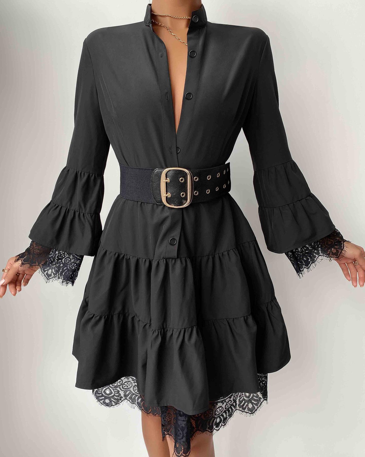 

Guipure Lace Long Sleeve Button Design Shirt Dress, Black