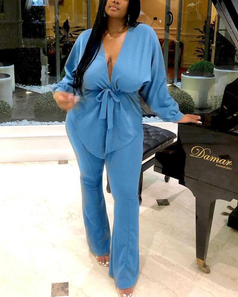 

Plus Size Long Sleeve Belted Top & Pants Set, Blue