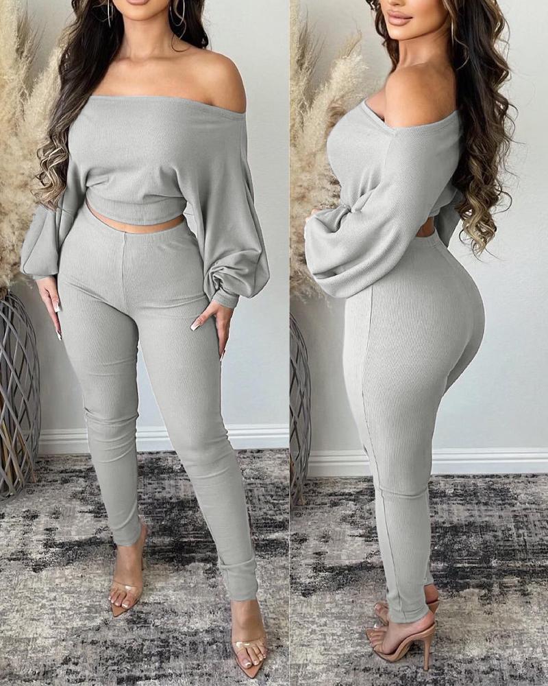 

Off Shoulder Crop Top & Pants Set, Gray