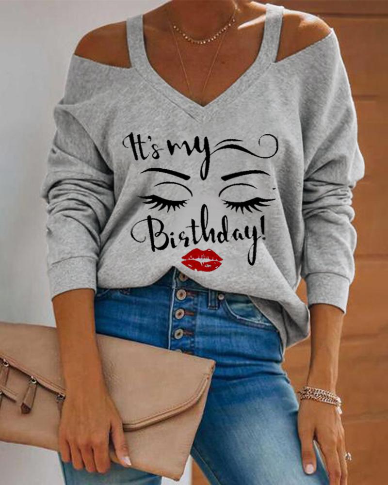 

Letter Figure Print Cold Shoulder Casual Top, Gray