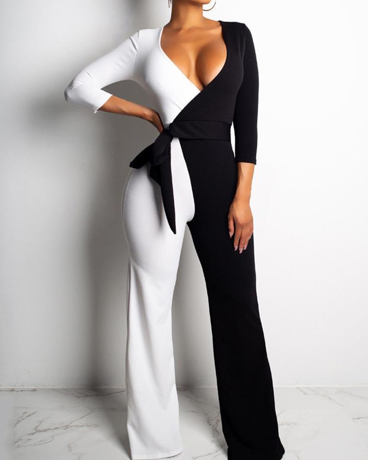 

Two Tone Tied Waist Wrap Jumpsuits, White