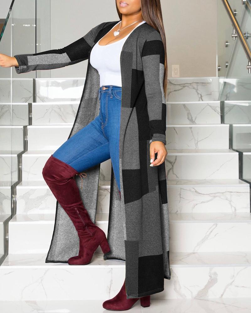 

Colorblock Long Sleeve Casual Longline Coat, Black