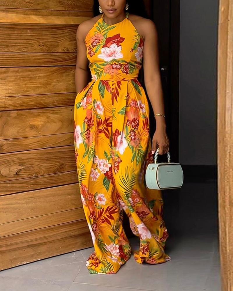 

Tropical Floral Print Crisscross Backless Jumpsuit, Yellow