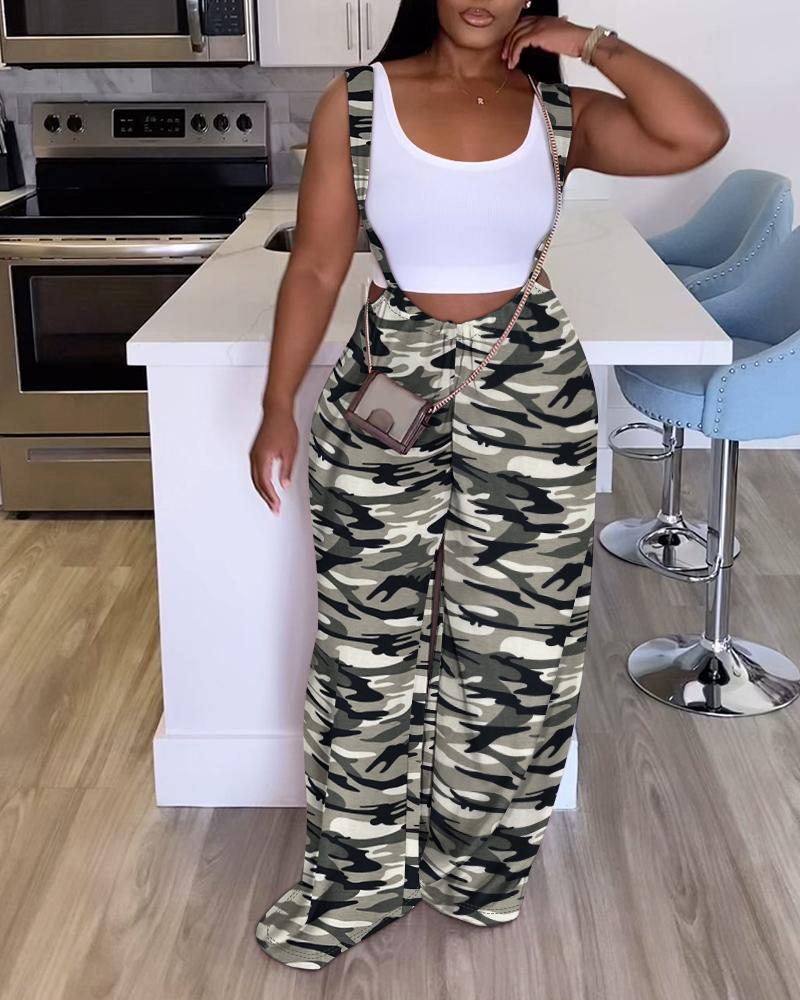 

Camouflage Print Wide Leg Suspender Jumpsuit, Camoflage