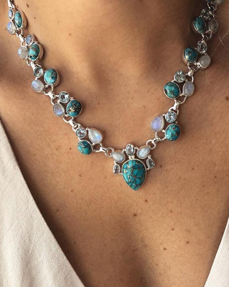 

1pc Bohemian Turquoise Floral Necklace, Green