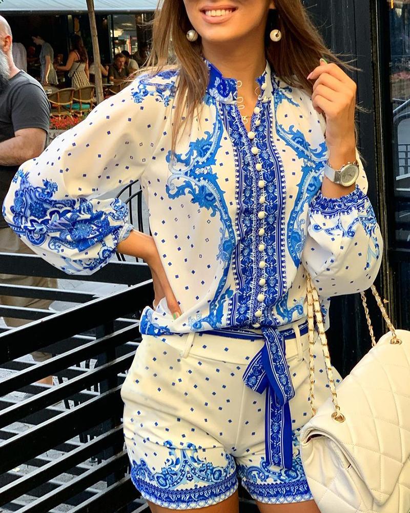 

Scarf Print Long Sleeve Buttoned Top & Shorts Set, Blue