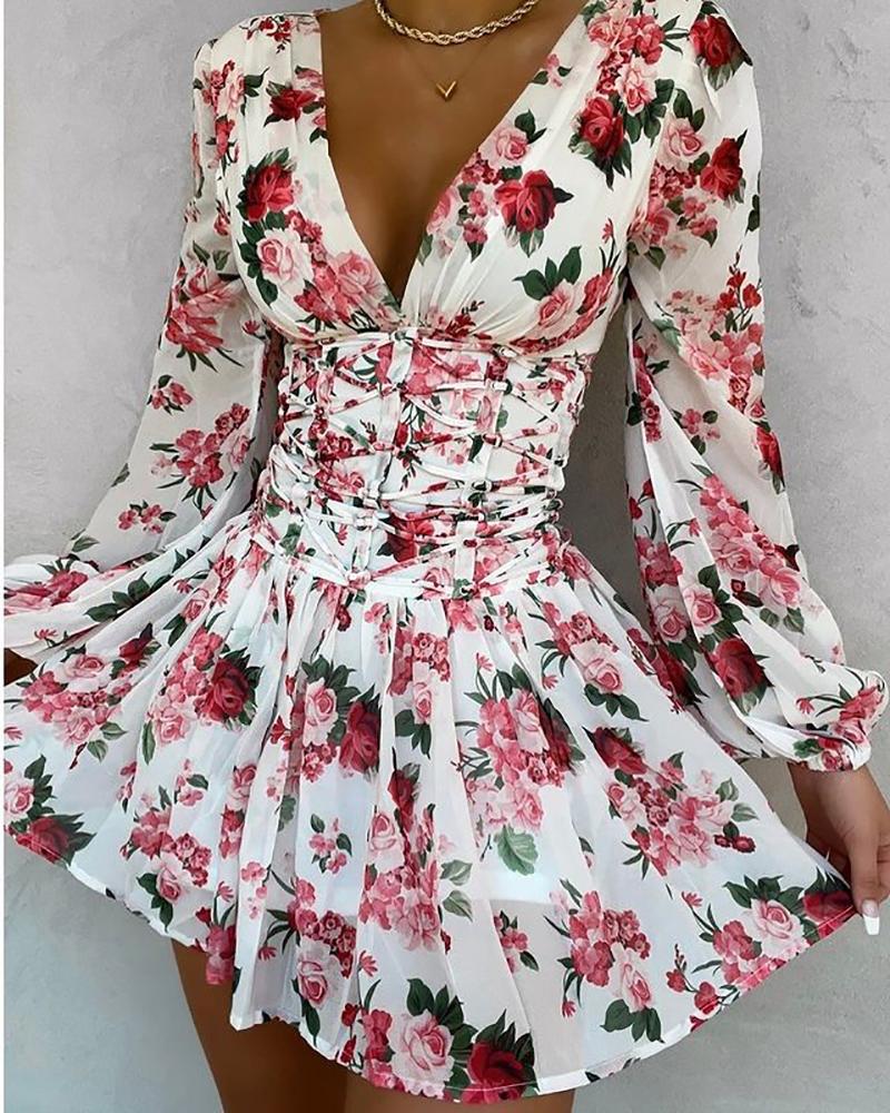 

Long Sleeve V-neck Floral Print Lace Up Ruched Mini Dress Sundress, White
