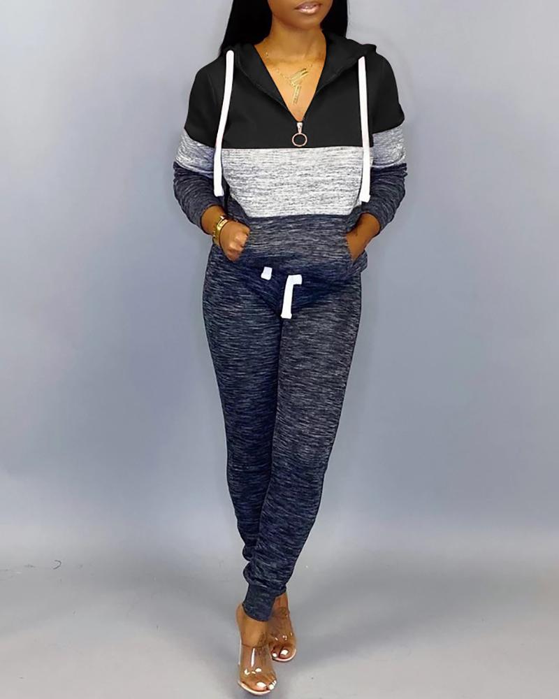 

Colorblock Pocket Design Hooded Top & Drawstring Pants Set, Black