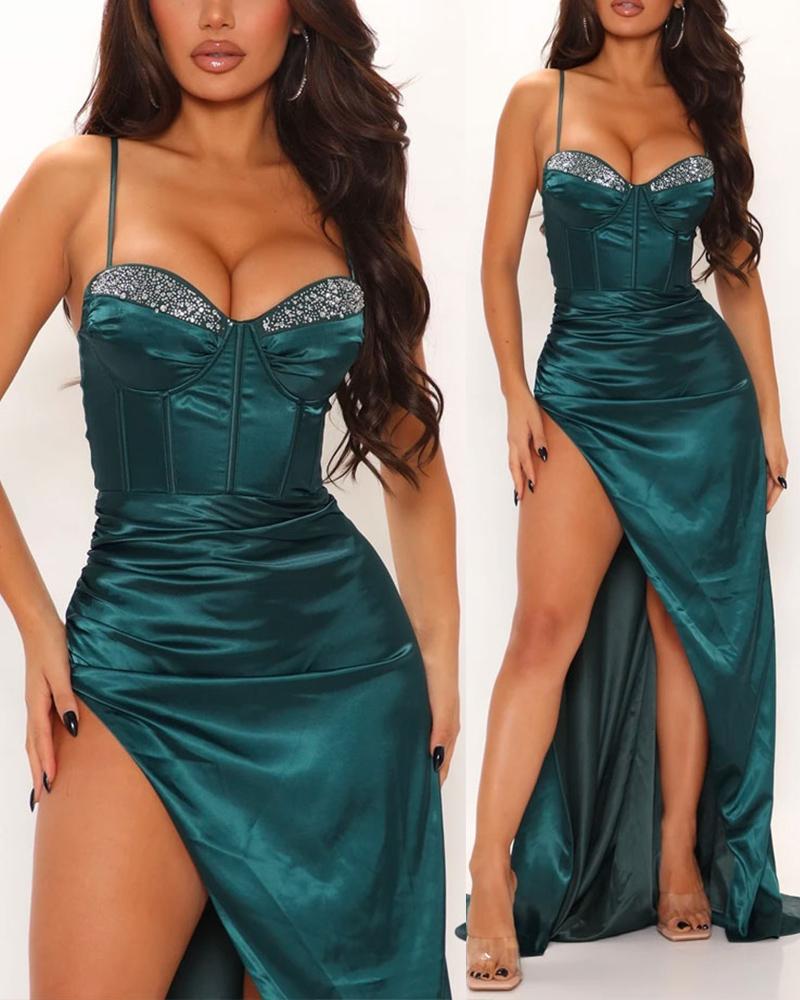 

Rhinestone Decor Split Thigh Cami Satin Dress, Green