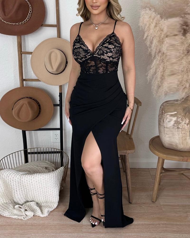 

Crochet Lace High Slit Maxi Dress, Black