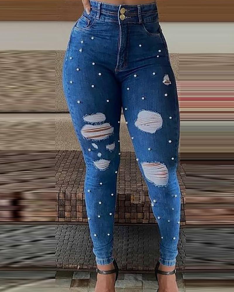 

Beaded Ripped High Waist Skinny Jeans, Blue