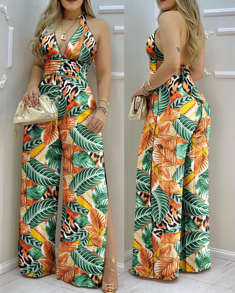

Tropical Print Split Hem Halter Backless Jumpsuit, Orange