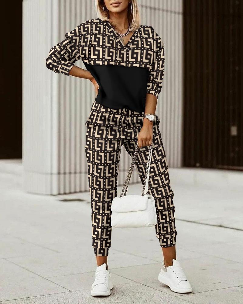 

Geometric Print Long Sleeve Top & Pants Set, Black