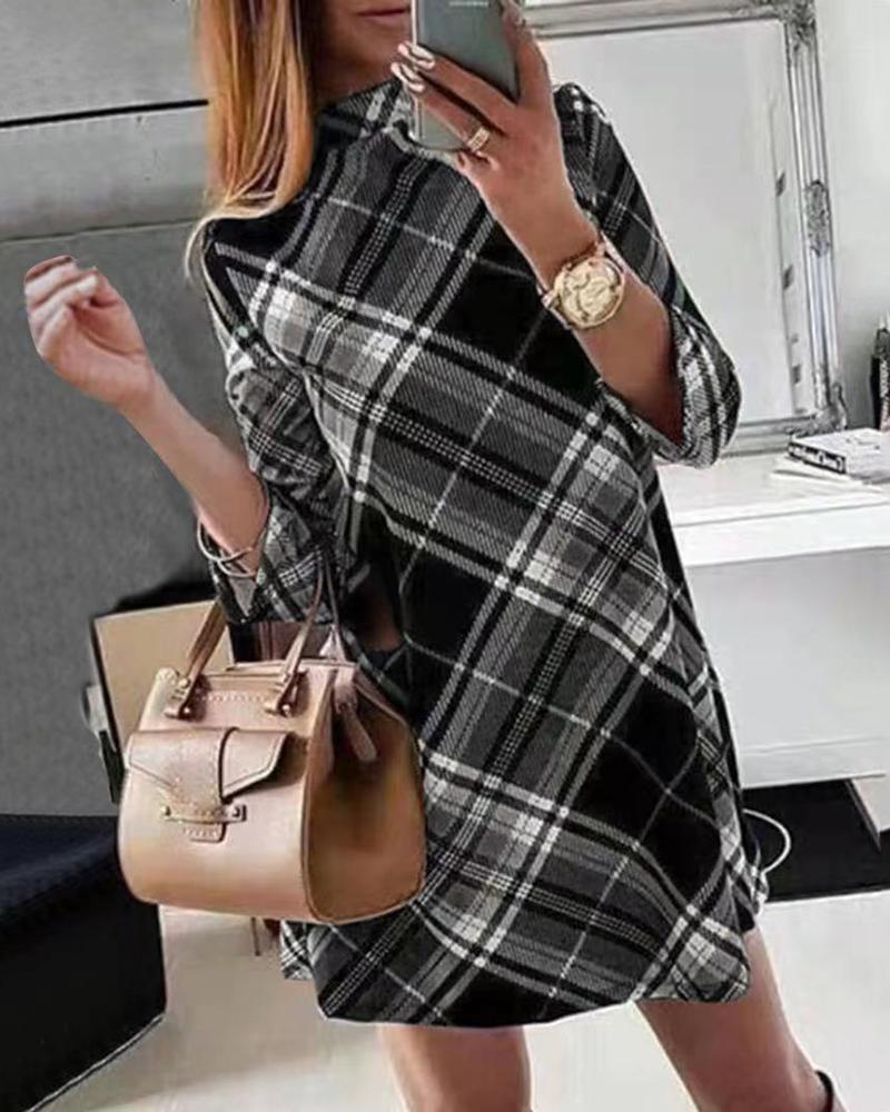 

Plaid Print Mock Neck Long Sleeve Casual Dress, Gray