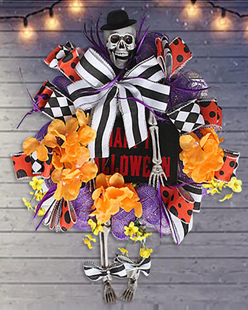 

Artificial Halloween Wreath Skull Wreath With Floral & Ribbon Grapevine Wreath For Front Door Window Wall Halloween Decoration, Black