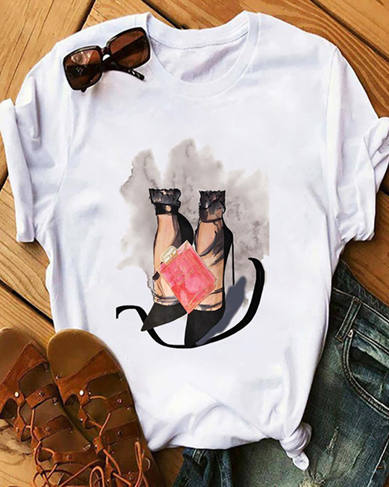 

Floral / Letter / Heels Print Short Sleeve Casual T-Shirt, Style1