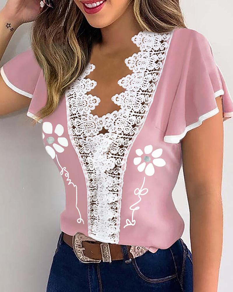 

Ruffles Hem Contrast Lace Trim Top, Pink