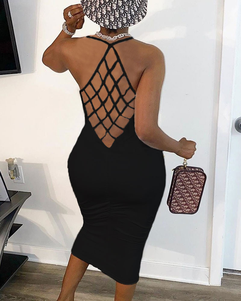 

Fishnet Backless Sleeveless Bodycon Dress, Black