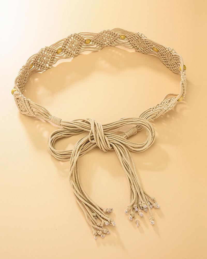 

1pc Beaded Decor Braided Belt, Khaki
