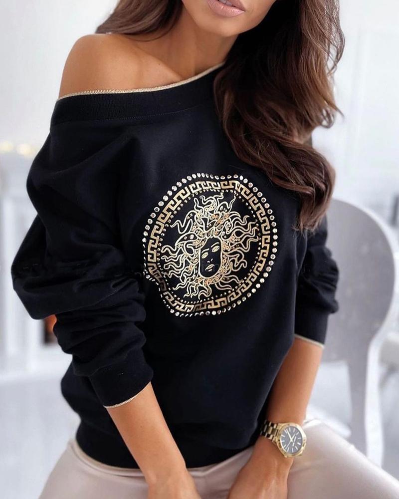 

Graphic Print One Shoulder Top Long Sleeve Casual Shirt, Black