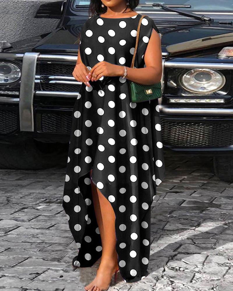 

Plus Size Polka Dot Print Dip Hem Sleeveless Casual Dress, Black