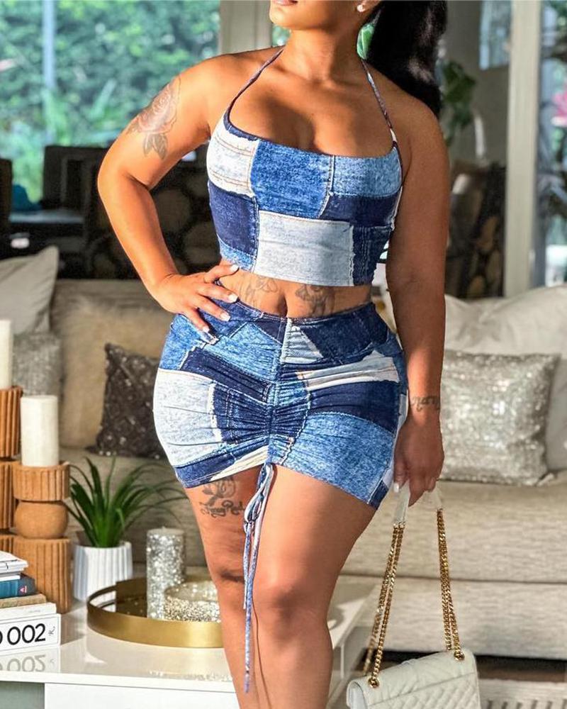 

Denim Look Print Crop Top & Drawstring Skirt Set, Blue