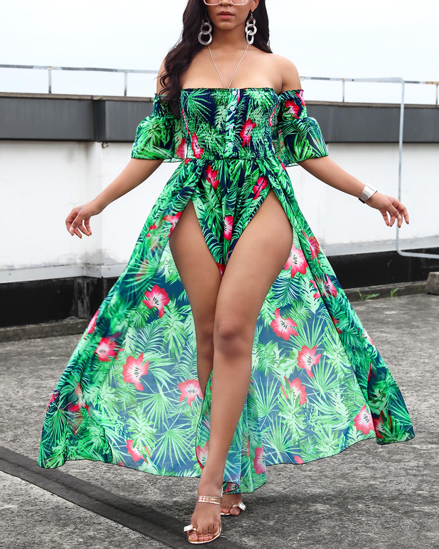 

Off Shoulder Print Maxi Dress, Green