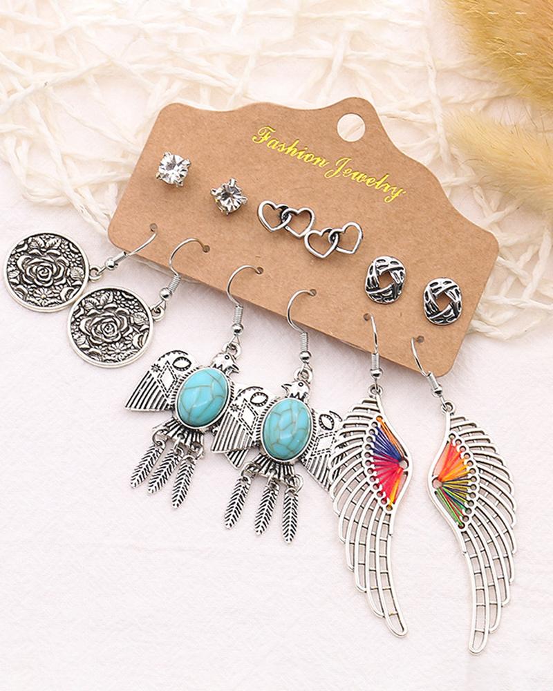 

6Pairs Feather & Bird Pattern Studded Earrings Set, Silver