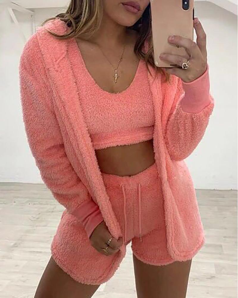 

Fluffy Crop Top & Drawstring Shorts Set With Lantern Sleeve Hooded Cardigan, Pink